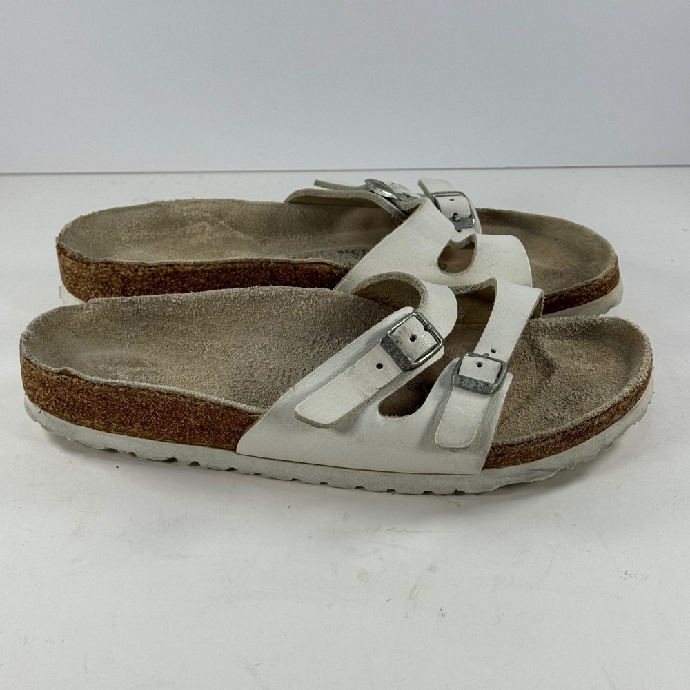 Birkenstock White Leather Double Strap Cork Footbed Sandals Women's Size 37‎